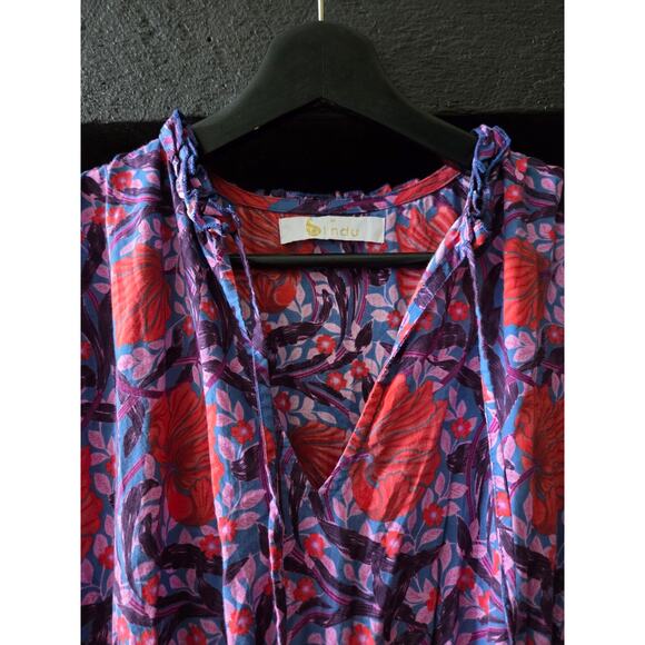 Bindu floral Tiered Smocked Waist Flowy Boho Cottage Fairy Maxi Dress V neck M - Picture 5 of 7